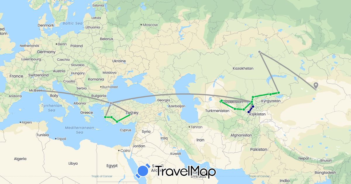 TravelMap itinerary: driving, bus, plane in China, France, Kyrgyzstan, Kazakhstan, Tajikistan, Turkey, Uzbekistan (Asia, Europe)