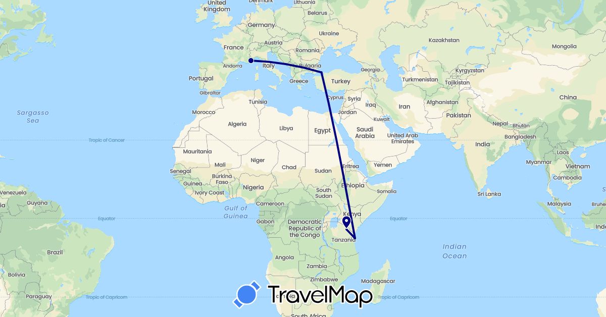 TravelMap itinerary: driving in France, Turkey, Tanzania (Africa, Asia, Europe)